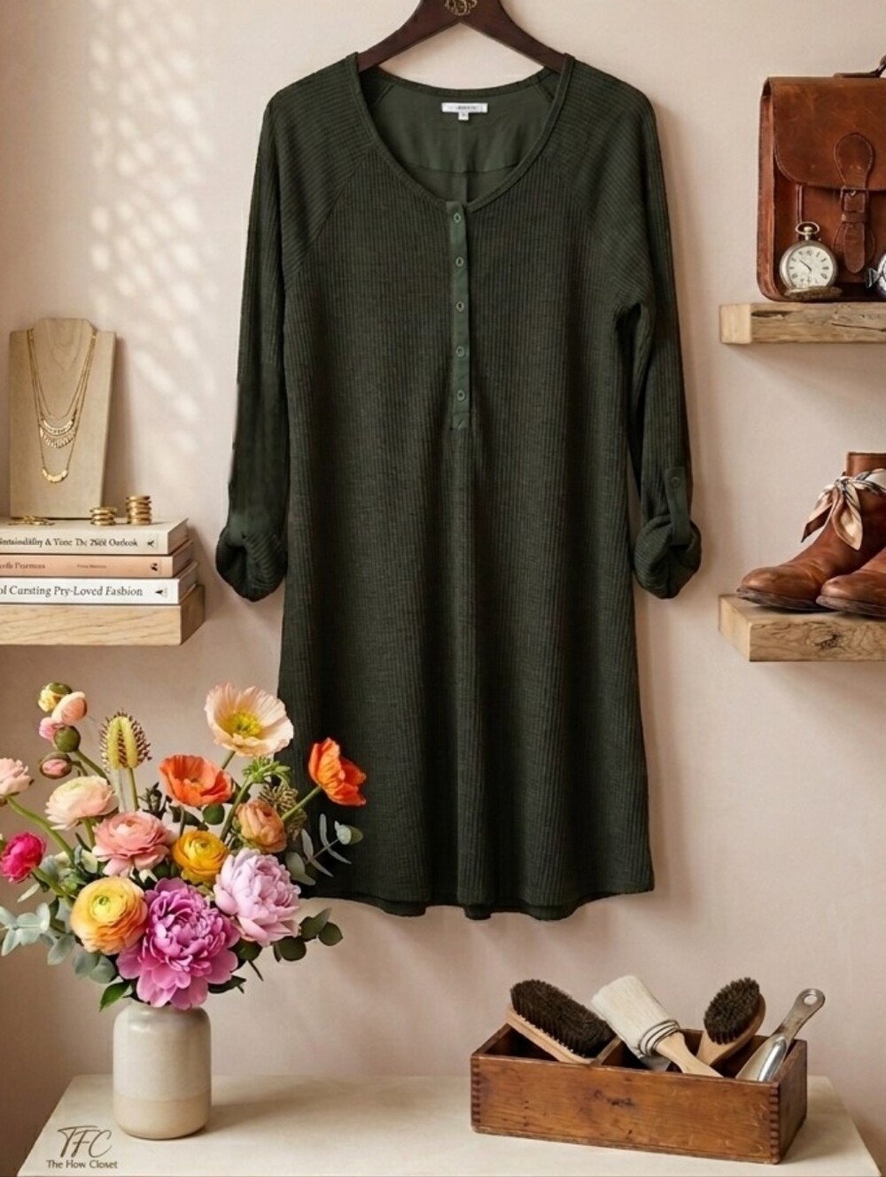 Z Supply Olive Green Ribbed Henley Mini Dress Long Sleeve Large Comfy Chic - Picture 7 of 7